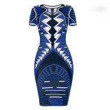 Print Blue Sexy Bodycon Midi Dress