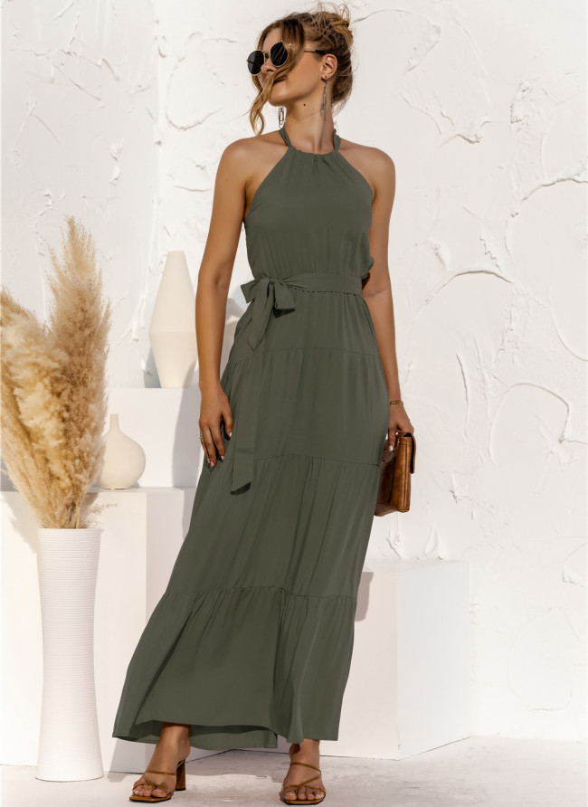 Plain Color Elegant Halter Tie Waist Long Dress