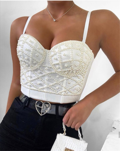 Sexy Beaded White Cami Crop Top