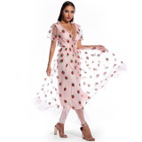 Pink Strawberry Print Maxi Party Dress