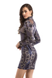 Sequins High Neck Long Sleeve Floral Mini Party Dress