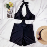 Black Cut Out O-Ring Halter One Piece Swimsuit