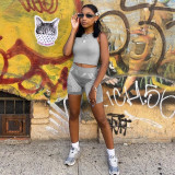 Grey Fitted Cropped Tank Top and Shorts Set