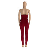 Burgundy Strapless Lace-Up Ruched Bodycon Jumpsuit