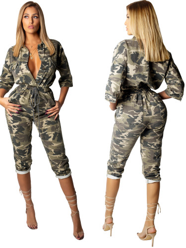 Casual Camo Print Tie Waist Cropped Jumpsuit