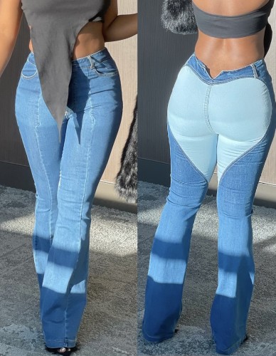 Blue Contrast Heart Bell Bottom Jeans