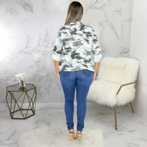 Camo Print Long Sleeve Tie Hem Casual Blouse