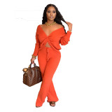 Solid Ribbed Twist Front Top and Flare Pants Matching Set