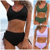 Solid Ruched Drawstrings High Waisted Two Piece Swimwear