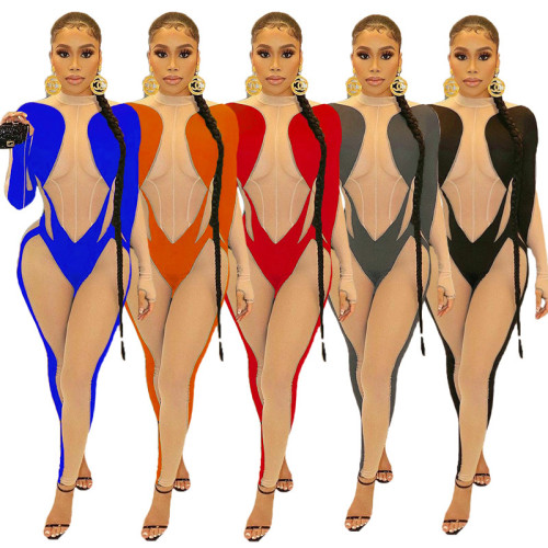 Sexy Contrast See Through Mesh Bodycon Jumpsuit