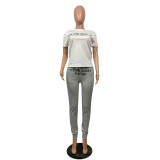 Letter Print Tee and Pants Casual Two Piece Outfits