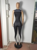 Zip Front Contrast Sleeveless Bodycon Jumpsuit