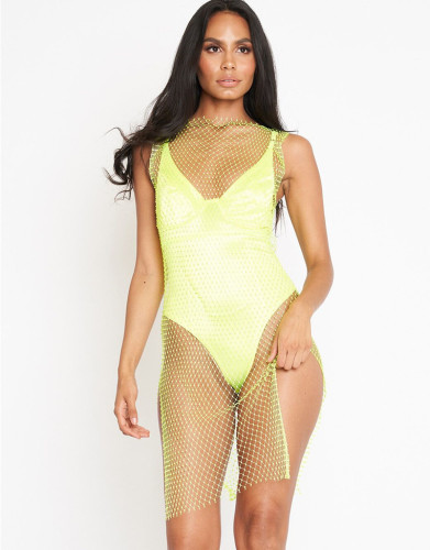 Sexy See Through Rhinestone Fishnet Side Slit Cover Up