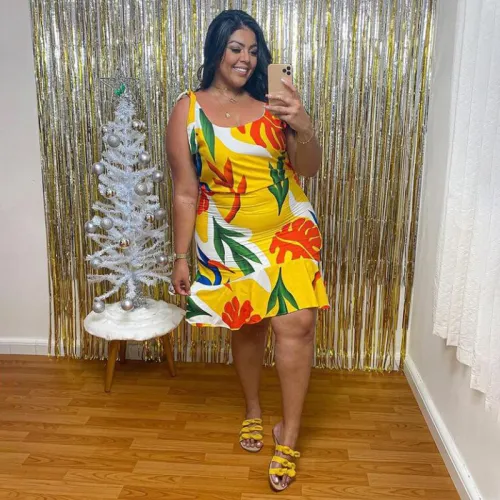 Plus Size Floral Yellow Sleeveless Mermaid Dress