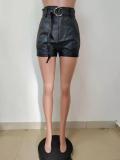 Black PU Leather High Waisted Shorts with Belt