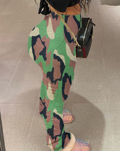 Camo Print High Waist Casual Stack Trousers