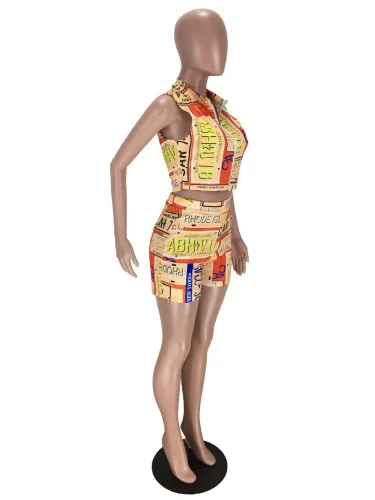 Print Zip Up Sleeveless Crop Top & High Waist Shorts