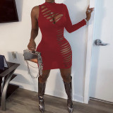 Solid Sexy Ripped Bodycon Dress With Single Sleeve