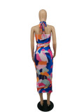 Sexy Colorful Wrapped Halter Crop Top and Ruched Midi Dress Set