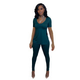 Solid Short Sleeve Slit Top and Pants Two Piece Matching Set