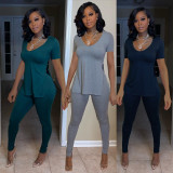 Solid Short Sleeve Slit Top and Pants Two Piece Matching Set