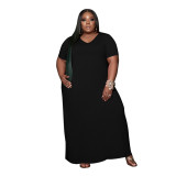 Plus Size Solid Short Sleeve Loose Maxi Dress