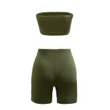Army Green Bandeau Crop Top Two Piece Shorts Set