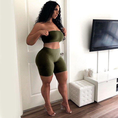 Army Green Bandeau Crop Top Two Piece Shorts Set