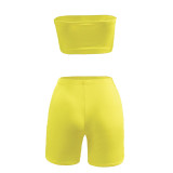 Yellow Bandeau Crop TopTwo Piece Shorts Set