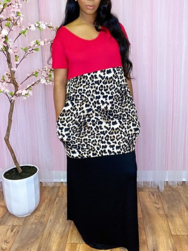 Contrast Leopard Short Sleeve Loose Maxi Dress