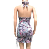 Sexy Halter Tribal Print Strings Ruched Bodycon Dress
