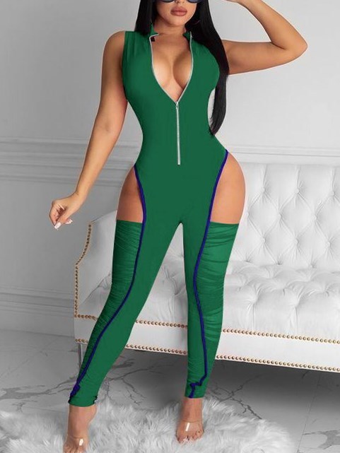 Sexy Cutout Sleeveless Zip Front Slinky Jumpsuit
