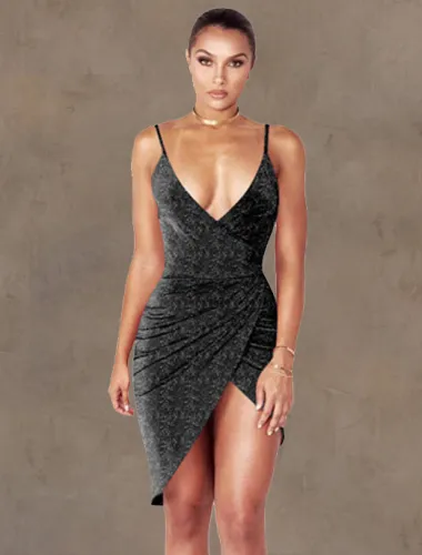 Sexy Deep-V Glitter Ruched Cami Dress