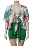 Plus Size Floral Blouse and Green Shorts Two Piece Set