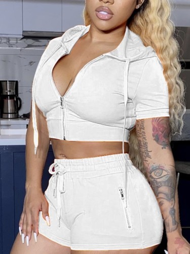 Solid Hooded Zipper Crop Top and Shorts Set