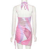Sexy Halter Print Pink Strings Ruched Bodycon Dress