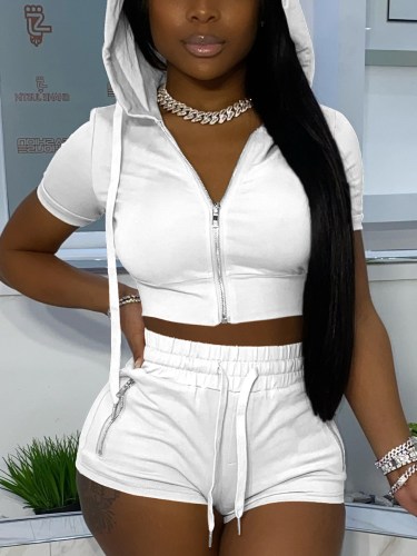 Solid Hooded Zipper Crop Top and Shorts Set