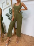Solid Waffle Sleeveless Wide Leg Casual Jumpsuit
