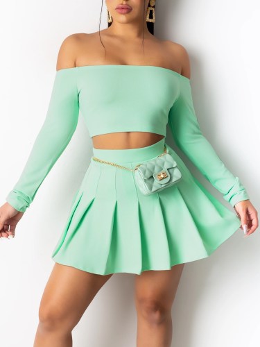 Solid Off Shoulder Long Sleeve Crop Top and Pleated Skirt Set