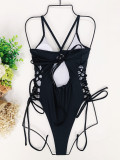 Solid Deep V  Underwired Lace-Up One Piece Swimwear