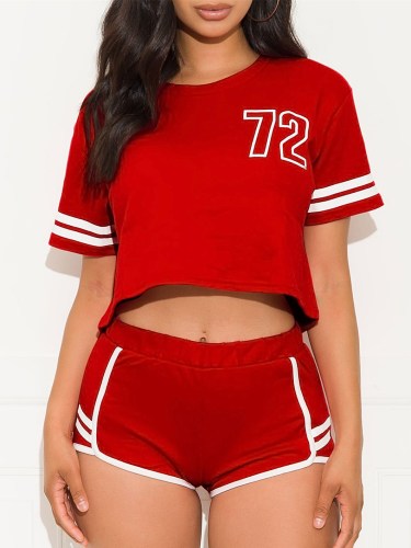Print Sports Red Crop Top and Shorts Set