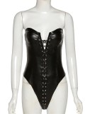 Sexy Black PU Leather Strapless Lace Up Bodysuit