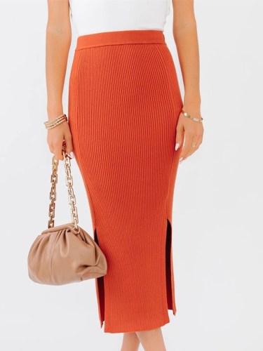 Elegant Side Slit Knitted Midi Skirt