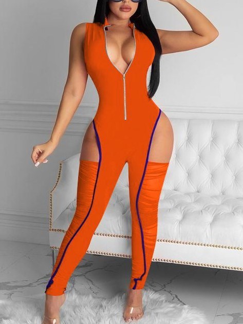 Sexy Cutout Sleeveless Zip Front Slinky Jumpsuit