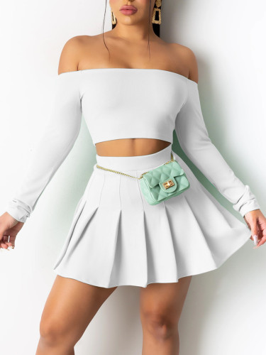 Solid Off Shoulder Long Sleeve Crop Top and Pleated Skirt Set