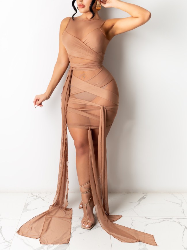 Transparent Mesh Sleeveless Strings Sexy Bodycon Dress