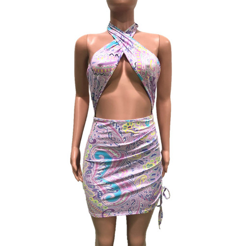 Sexy Halter Print Lilac Strings Ruched Bodycon Dress