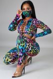 Colorful Leopard Crop Top and Pants Set with Mask