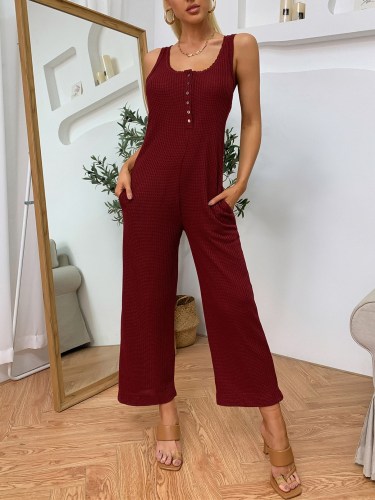 Solid Waffle Sleeveless Wide Leg Casual Jumpsuit