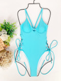 Solid Deep V  Underwired Lace-Up One Piece Swimwear